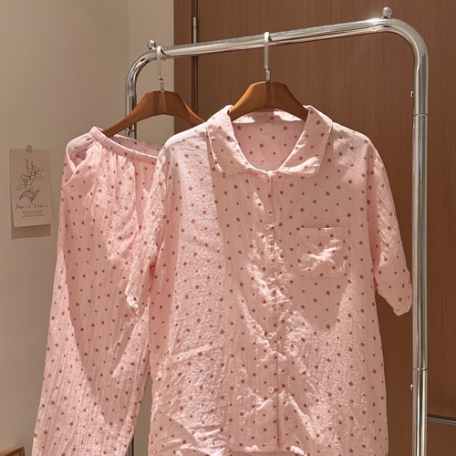 夏季上新！a类全棉双层纱翻领短袖长裤宽松可爱家居服套装可外穿