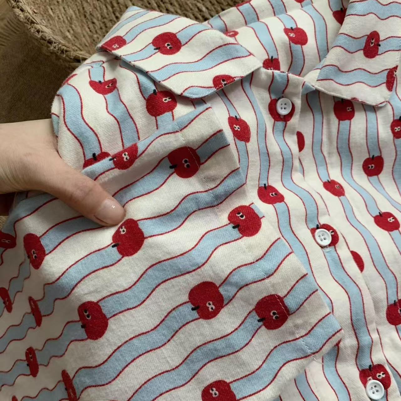 蓝条纹苹果纯棉磨毛可爱卡通少女心睡衣家居服长袖长裤套装可外穿