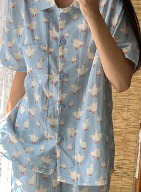 大白鹅~短袖长裤纯棉双层纱布睡衣可爱卡通家居服宽松棉纱睡衣
