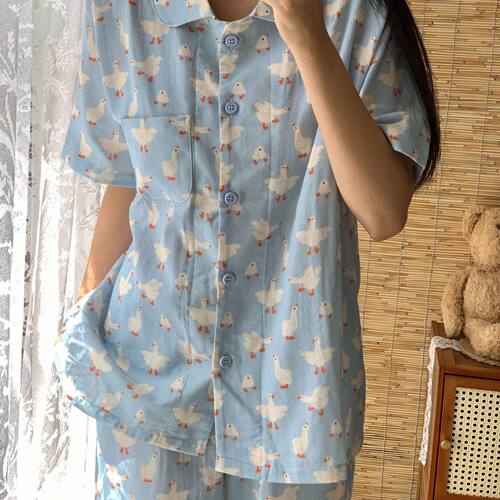 大白鹅~短袖长裤纯棉双层纱布睡衣可爱卡通家居服宽松棉纱睡衣
