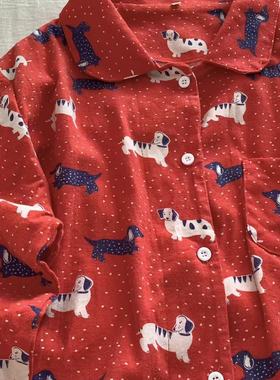 100棉%！红底波点腊肠狗磨毛翻领家居长袖长裤可外穿红色套装