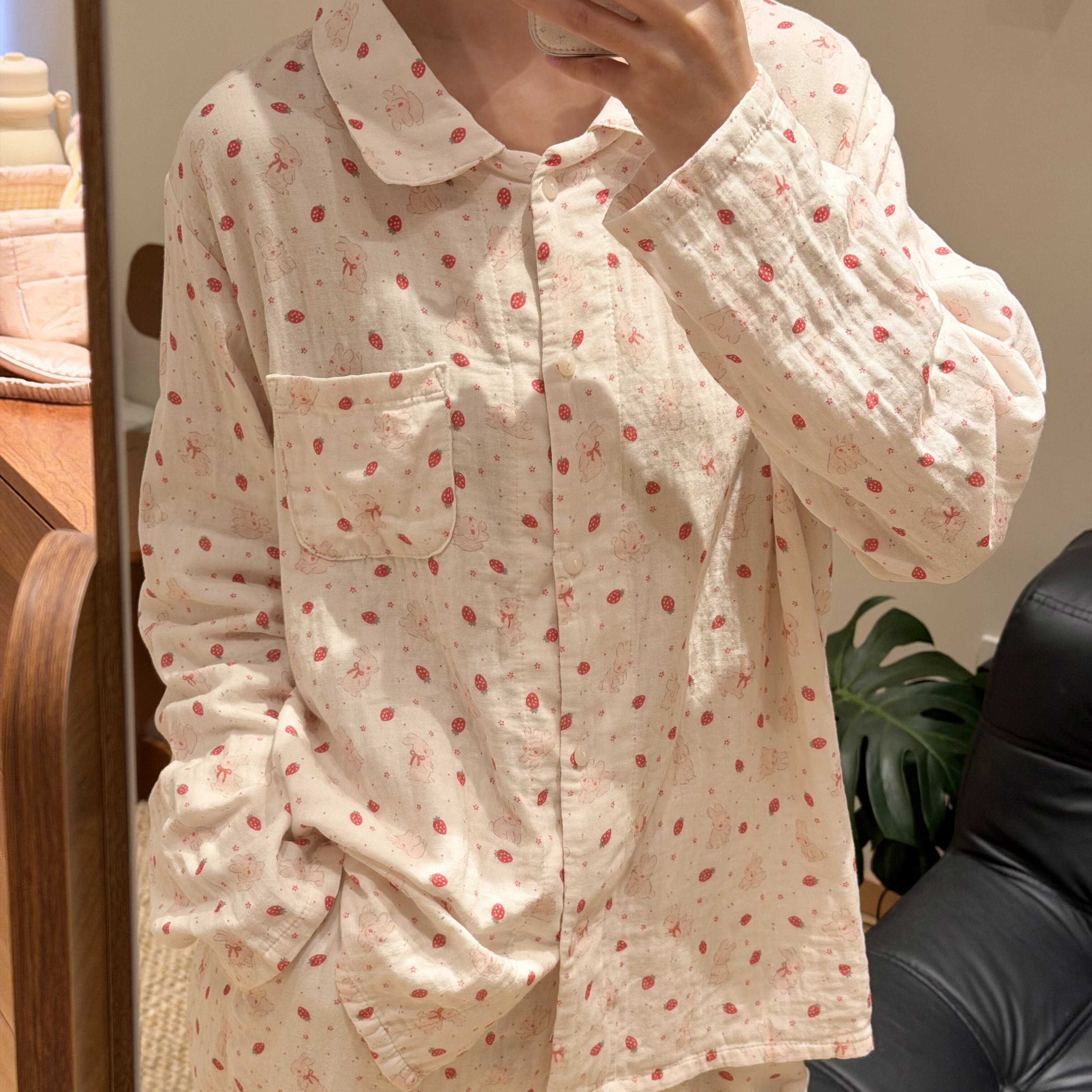 上新！全棉双层棉纱可爱翻领睡衣长袖长裤套装居家服可外穿