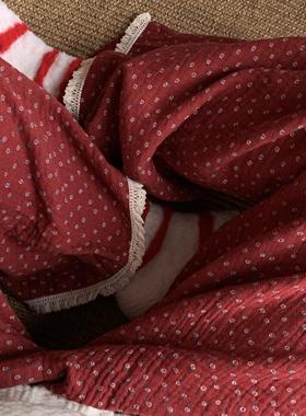 新！品A类全棉皱皱双层纱布红色碎花小花蕾丝花边睡裤女长裤