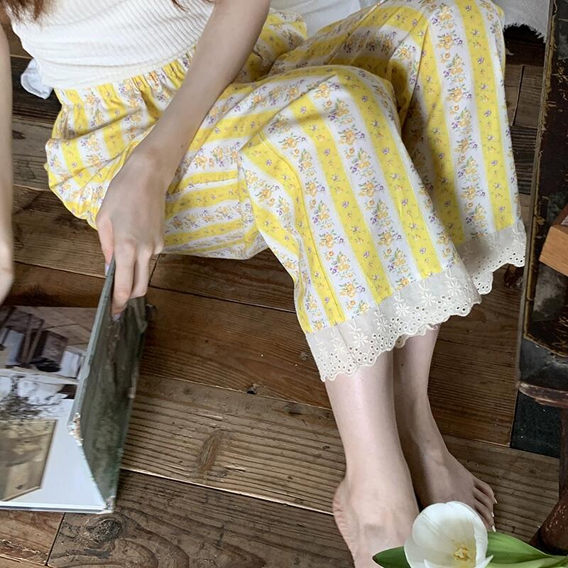 夏季甜美清新碎花蕾絲邊綠色薄款梭織棉布家居長褲女睡褲ins寬松