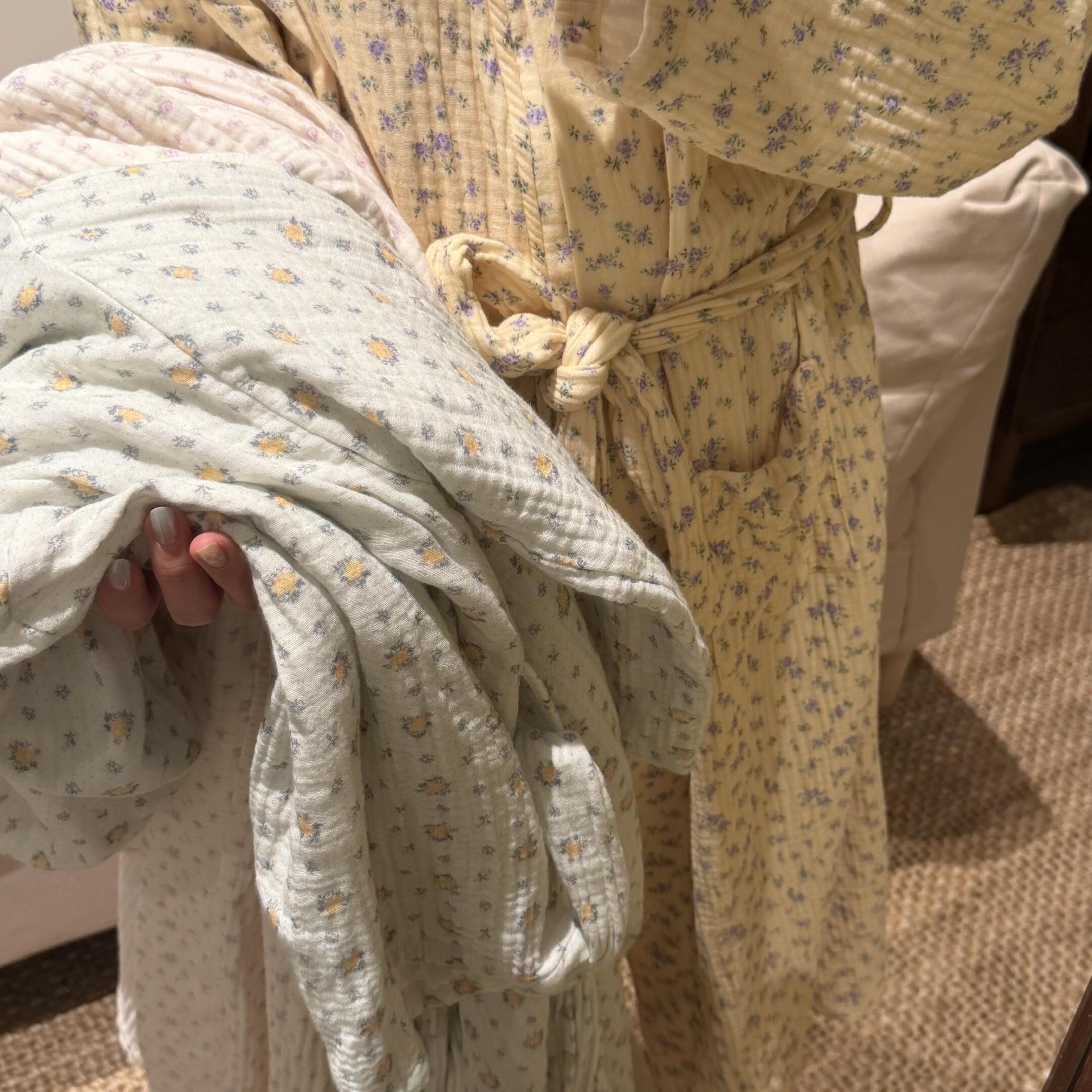 新款！纯棉三层纱布睡袍女春秋季全棉棉纱系带可爱透气家居浴袍