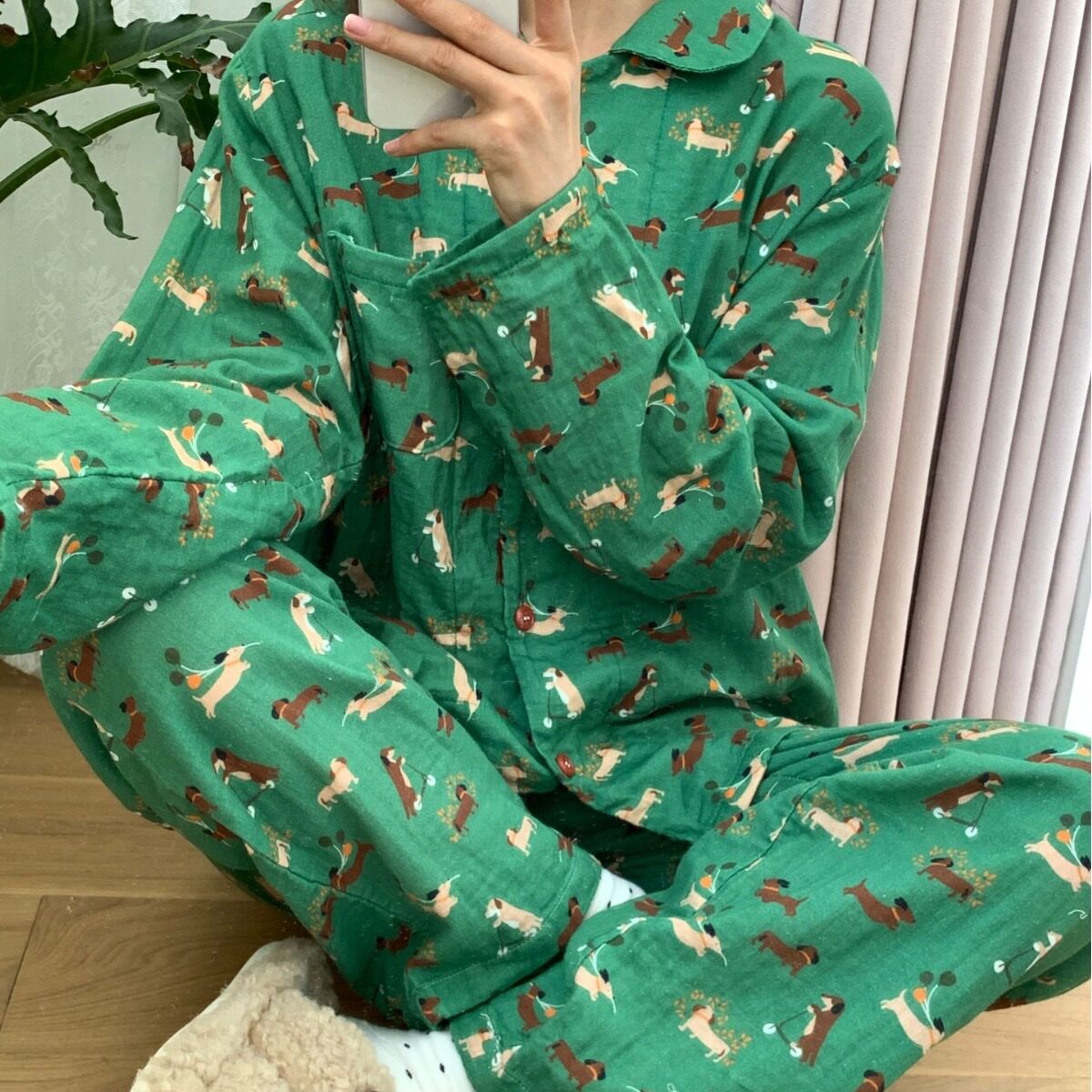 高密双层棉纱韩国2024春夏新品复古绿卡通小狗翻领开衫睡衣家居服,女士内衣/男士内衣/家居服,睡衣/家居服套装,淘宝优惠券,粉丝福利购,淘宝优惠卷