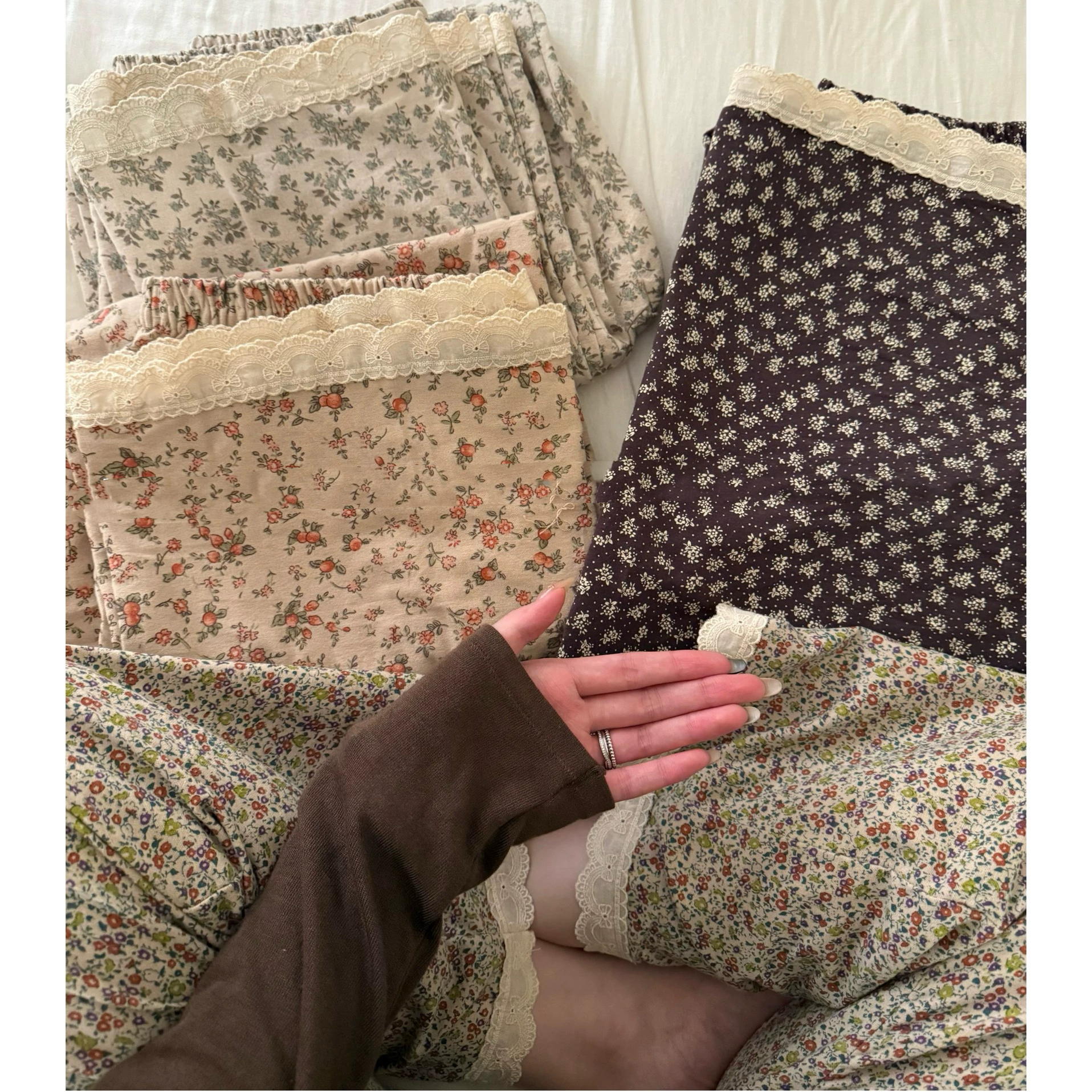 新品~复古小碎花全棉磨毛花边睡裤亲肤柔软女家居裤宽松带口袋