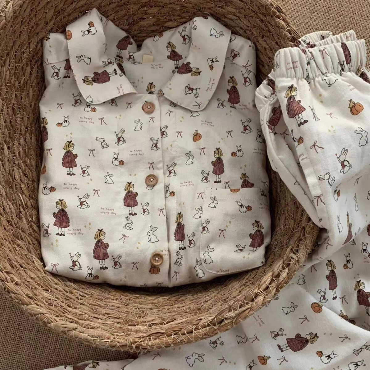 上新！可爱南瓜小兔纯棉磨毛娃娃领长袖长裤睡衣女家居服可外穿