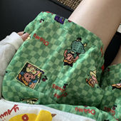 短裤 A类纯棉双层纱绿色可爱女孩印花宽松日系阔腿遛弯家居裤 睡裤