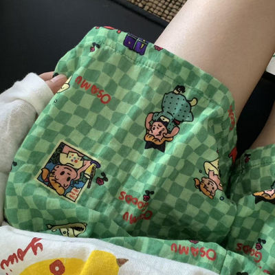 A类纯棉双层纱绿色可爱女孩印花宽松日系阔腿遛弯家居裤睡裤短裤