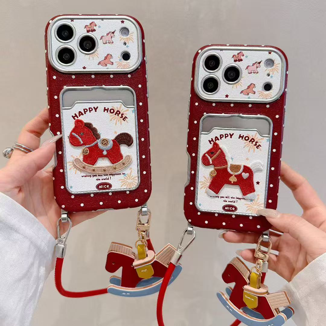 新年喜庆烟花刺绣小马卡包手拎皮绳适用于iphone17promax苹果14手机壳15新款16pro女13情侣17pm皮纹防摔软壳,3C数码配件,手机保护套/壳,淘宝优惠券,粉丝福利购,淘宝优惠卷