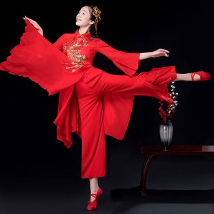 速发族典舞演出服红国秧歌服新款飘逸中色风民古舞蹈服广场扇子舞