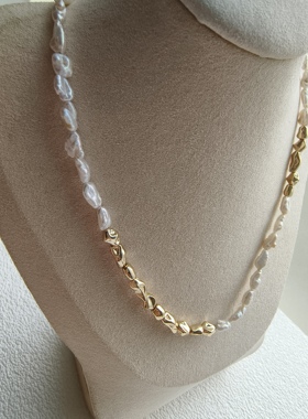 原创设计天然巴洛克镀金淡水无核keshi珍珠项链女小众女锁骨链