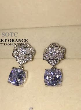 SOTC镀925银山茶花锆石镶嵌满钻 方形锆钻耳坠女Earrings