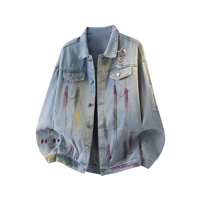 春秋美式复古水洗染破洞牛仔外套男女宽松设计感cleanfit夹克潮流