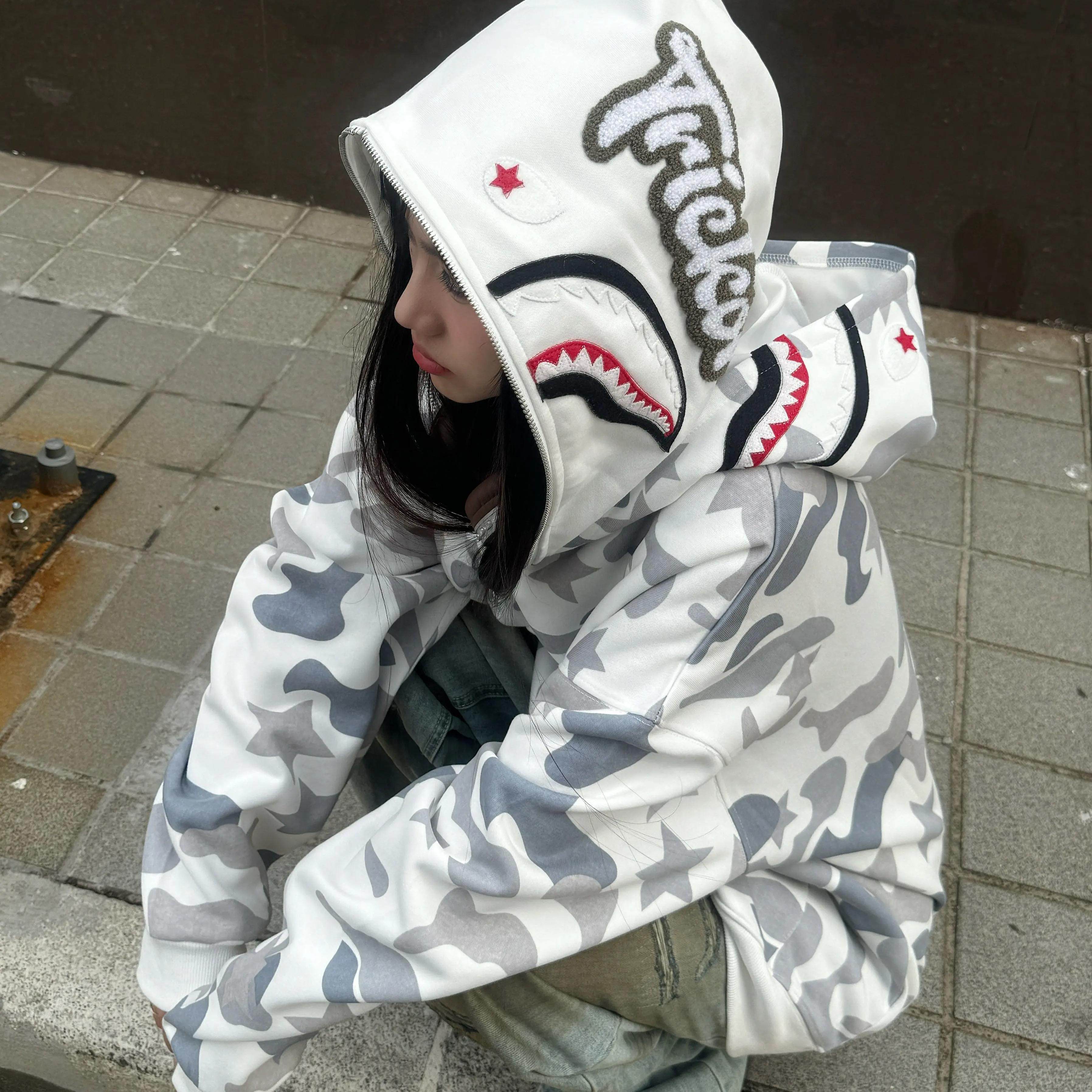 国潮牌美式复古双帽迷彩卫衣女宽松情侣连帽开衫oversize外套春秋