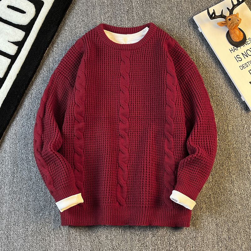 秋冬麻花圆领毛衣针织衫男潮牌慵懒风打底衫日系复古简约日单时尚