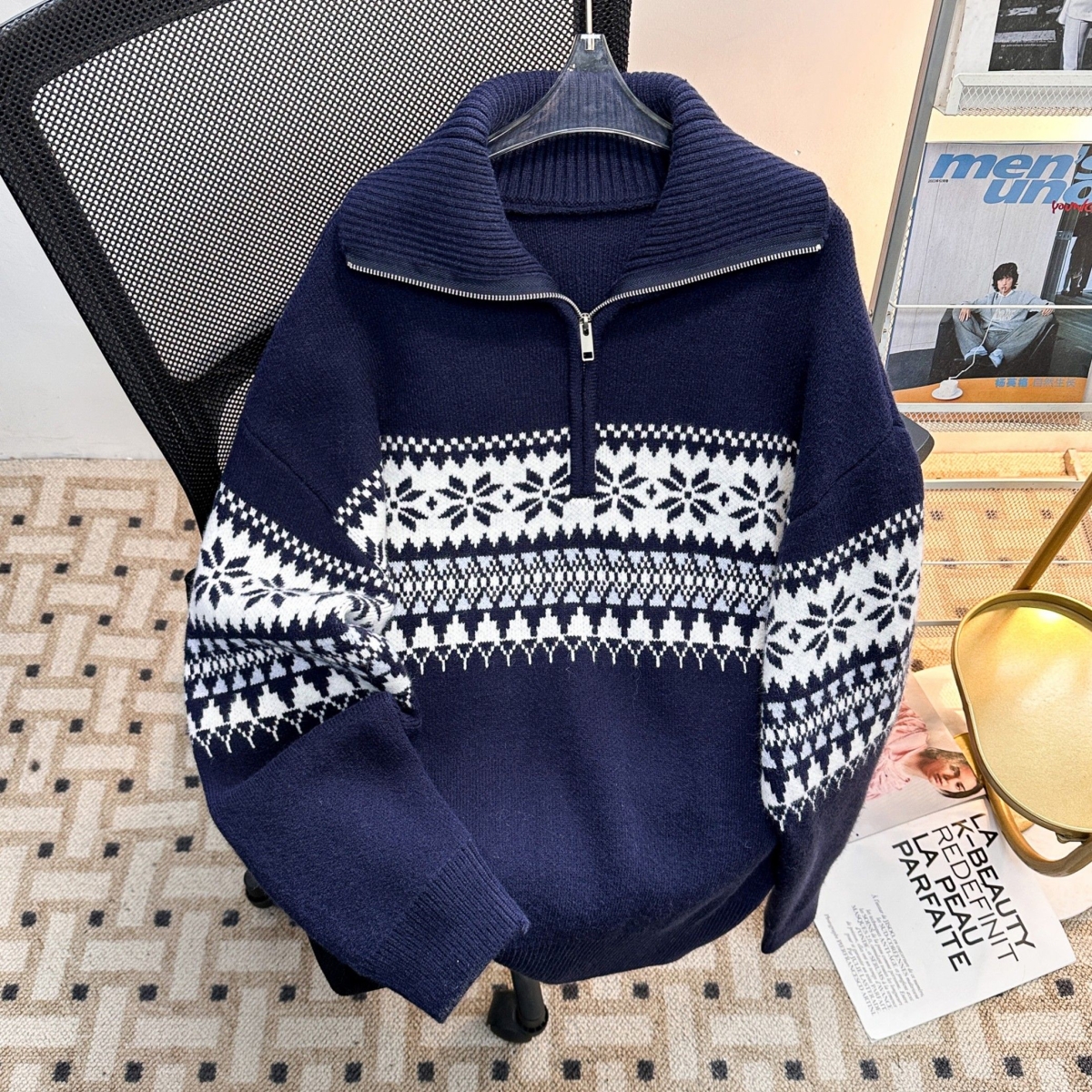 美式复古费尔岛提花针织衫男女半拉链高领毛衣慵懒感宽松潮流外套