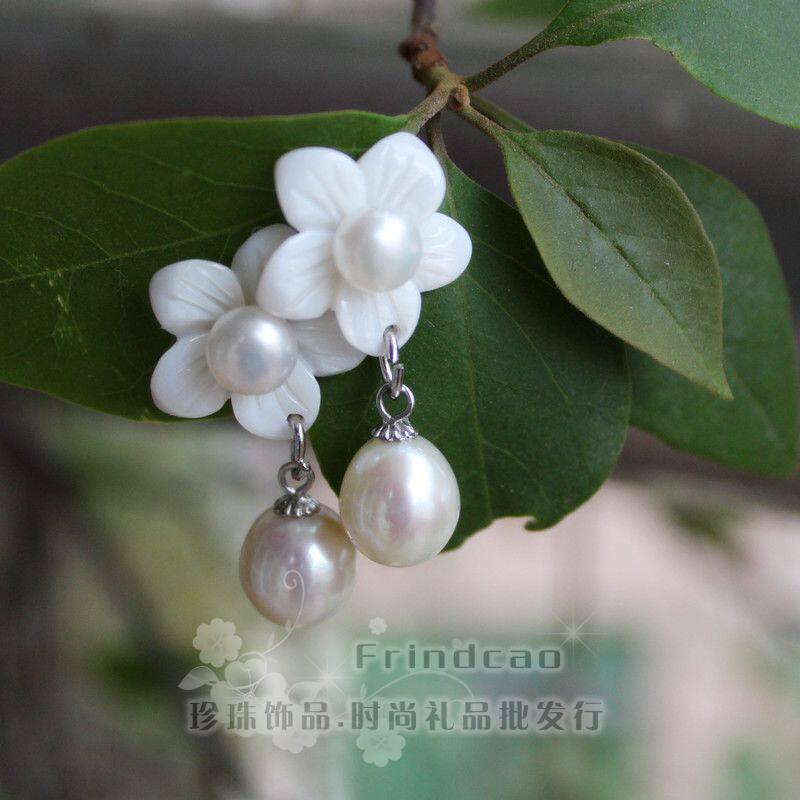 925银贝壳花朵款 8.5-9无瑕天然淡水珍珠耳钉式耳环耳坠 女