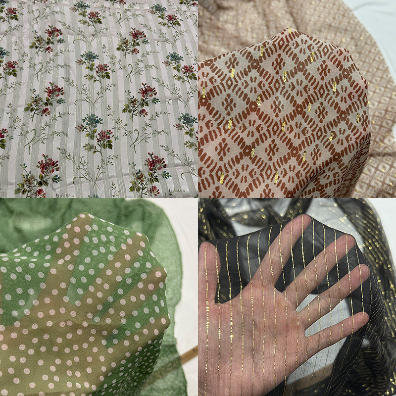 蚕之语A9201-A9220#真丝面料花色金线乔其纱缎条绡服装零料按张售