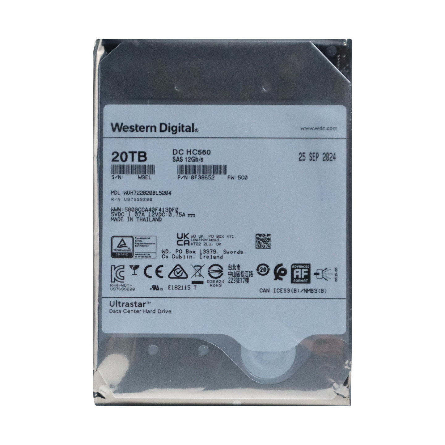 WD/西部数据WUH722020BL5204 HC560 SAS企业级氦气服务器硬盘20T