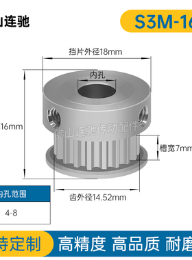 S3M16齿同步轮齿宽7两面平K型 内孔4/5/6/6.35/8同步带轮HTPAS3M0