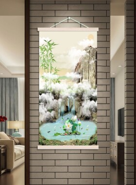 山风水景木卷轴挂墙装饰挂画