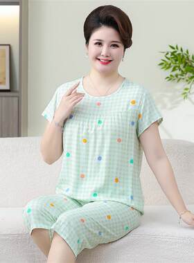 绵绸睡衣女款2026新款夏人造棉短袖七分裤透气妈妈家居服老人套装
