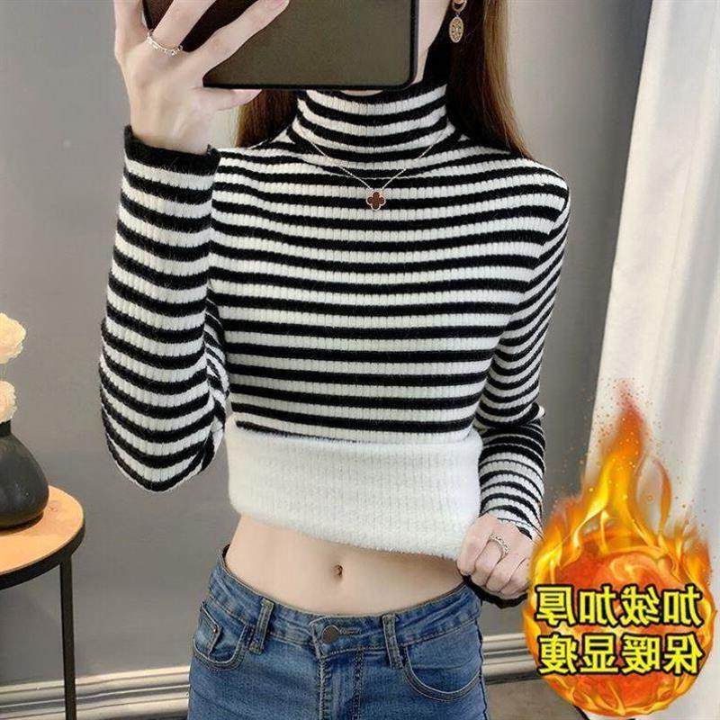 加绒加厚条纹毛衣女冬季新款一体绒半高领宽松打底针织衫保暖上衣