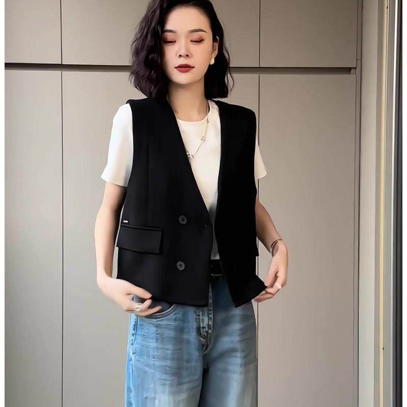 短款V领黑色西装马甲女春秋新款设计感休闲百搭无袖坎肩马夹外套