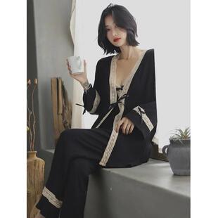 新款莫代尔三件套睡衣女性感吊带春秋季长袖纯棉带胸垫家居服夏天