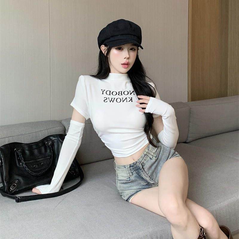 甜辣妹半高领紧身短款上衣女秋季纯欲袖套百搭显瘦长袖T恤打底衫