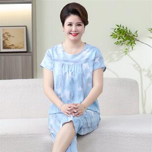 睡衣女款2026新款夏季棉稠短袖中老年妈妈家居服夏天老人绵绸套装