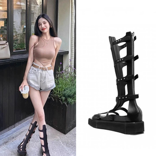 网红ins潮夏季新款长筒凉靴女牛皮松糕厚底凉鞋后拉链镂空高筒靴