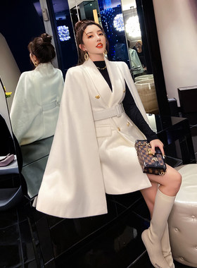白色斗篷毛呢外套女2025春秋名媛韩版宽松气质收腰加厚过膝呢大衣