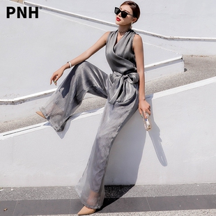 女高腰垂感连身裤 2025银色连体裤 直筒宽松阔腿裤 气质时尚 女夏新款