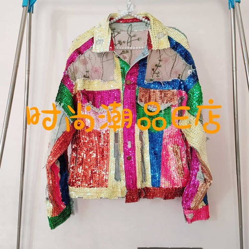 E00705 设计款个性炸街全亮片重工定制拼接透视网纱牛仔衣