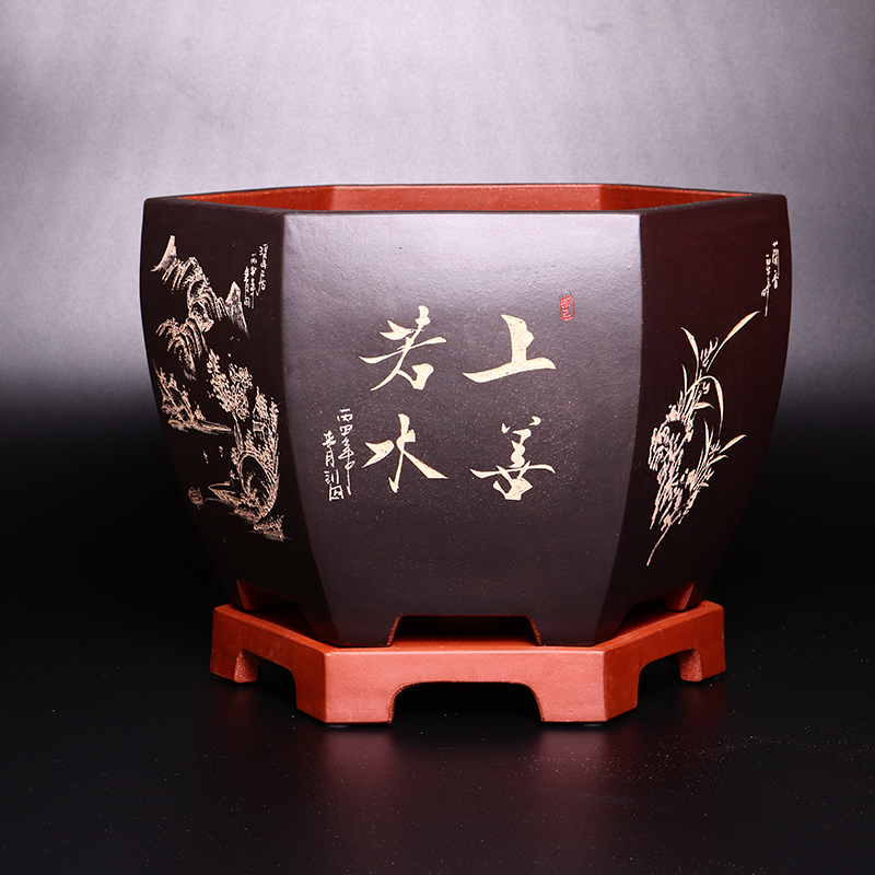精品大口径六方紫砂花盆带底座
