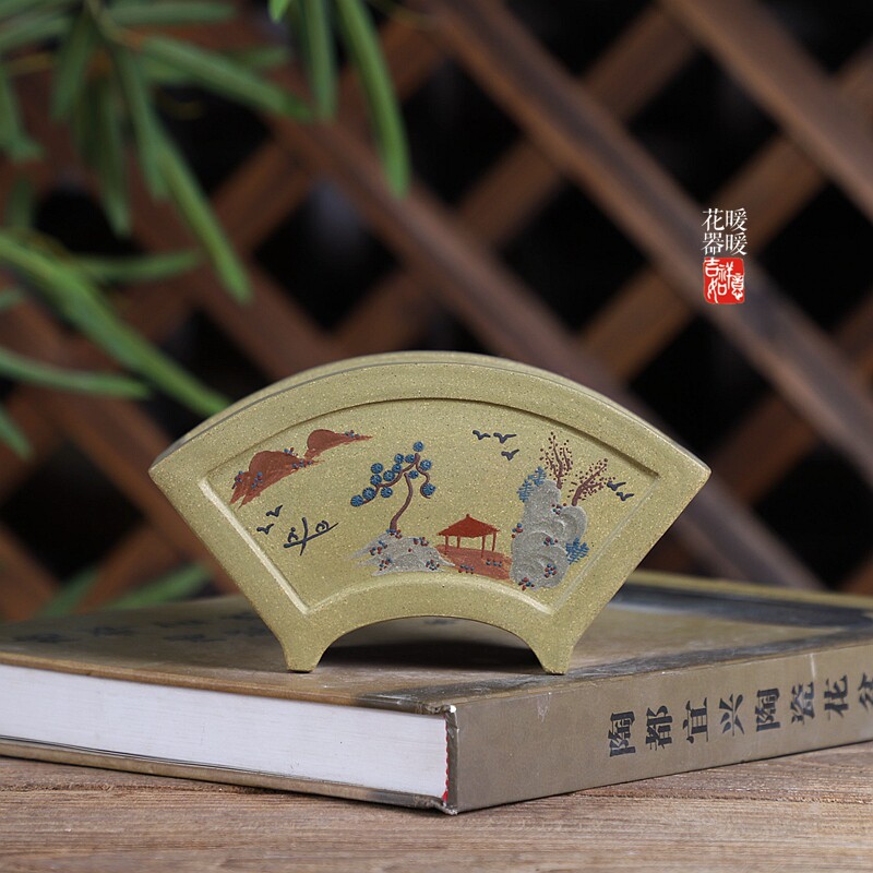 『堆绘/扇形』苏兵款 手工段苹果绿泥  精品紫砂小花盆