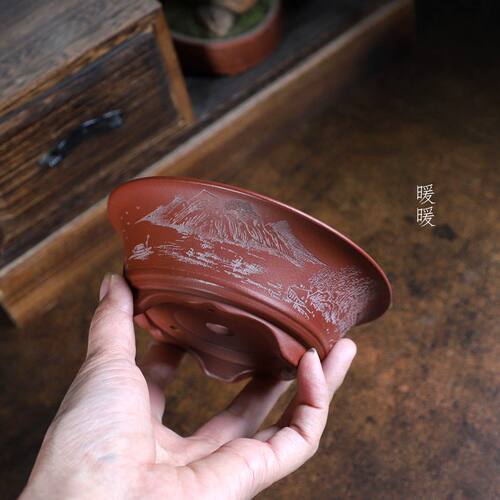 『山水瓢口浅盆』暖暖精选手工紫砂微盆景菖蒲假山 张可磊新款