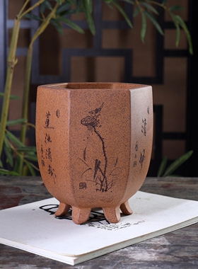 『带脚圆底高六方柴烧』暖暖精选紫砂花盆手工桌面绿植盆栽中国风