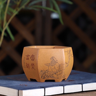 『六方矮鼓彩绘』 孙福林款全手工精品紫砂花盆收藏壬寅年亦竹刻