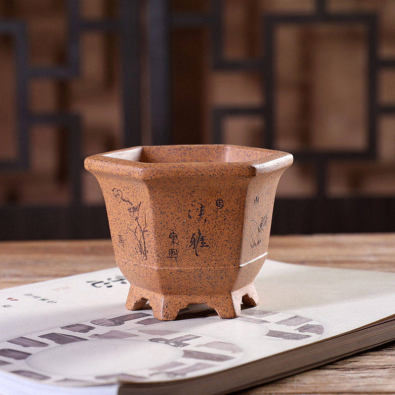 『下线六方 柴烧』暖暖精选紫砂花盆手工桌面绿植盆栽菖蒲中式