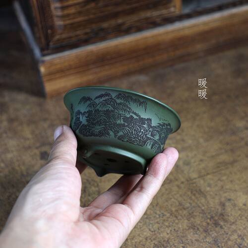 『尖角三足圆盆C』暖暖精选手工紫砂微型盆 绿植盆景多肉 刻绘