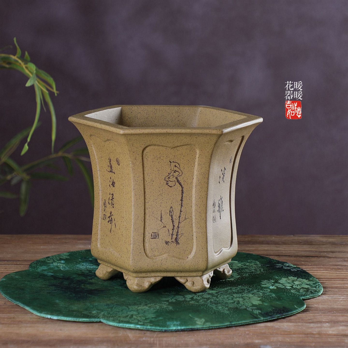『凹面古典六方』暖暖精选紫砂花盆刻绘手工兰花绿植盆景盆老桩