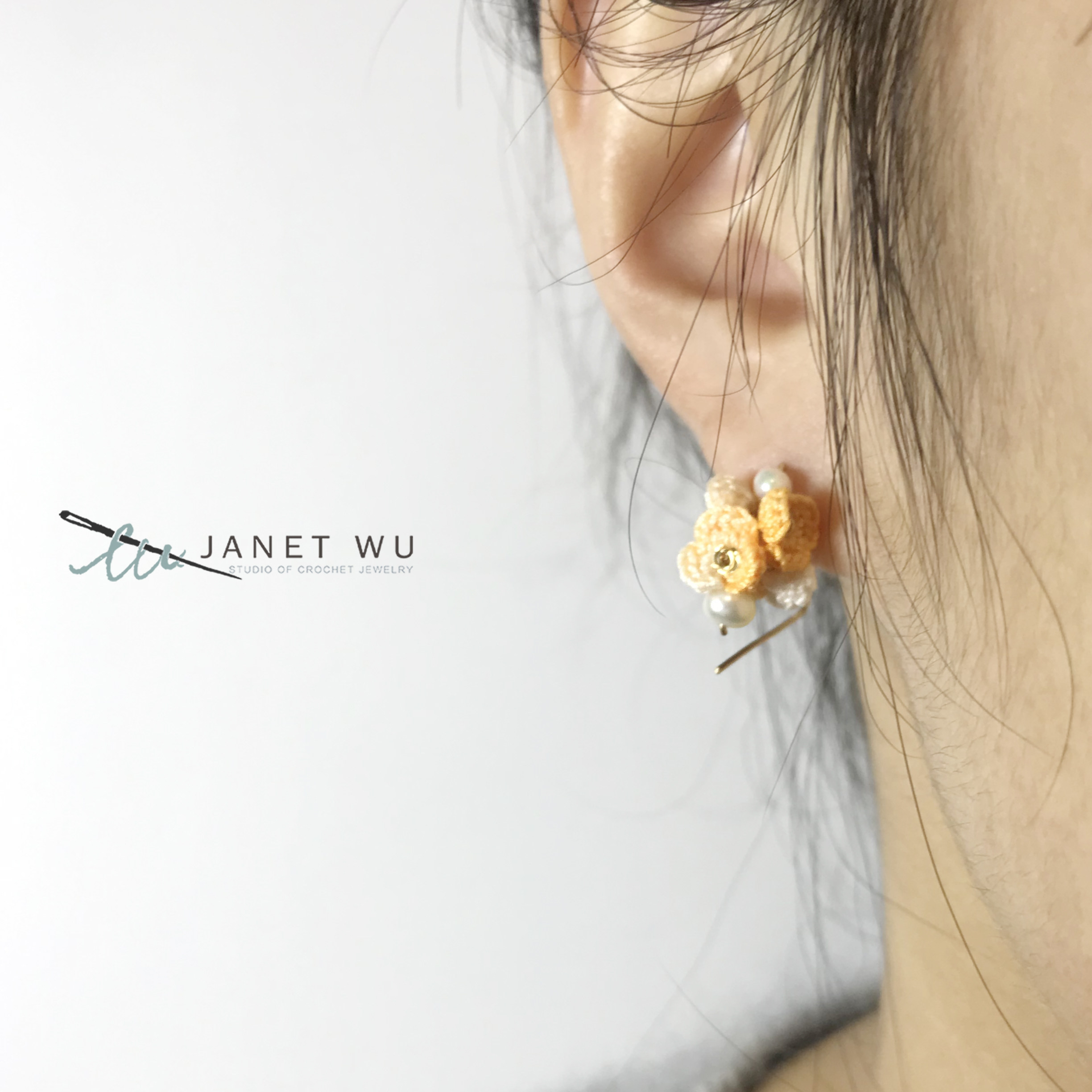 Janetwu原创品牌设计微钩针织蕾丝几何花园花珍珠耳环小众潮独特