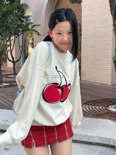 Основная популярность ~ Корейский дизайнерский бренд 23 Осень Кирш Свободный Большой Вишня, вышитая круглое, универсальный свитер