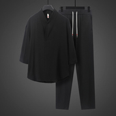 薄款 七分袖 休闲冰丝套装 民族风夏季 男两件套青年宽松中袖 T恤休闲