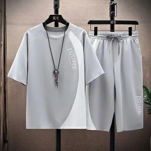 香港高端丝滑弹力冰丝短袖t恤两件套 男士夏季薄款速干运动服套装