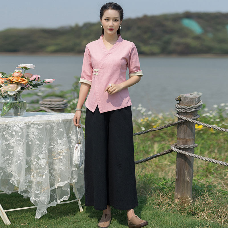 CHINESE STYLE HANFU WOMENS SUMMER NEW TANG DRESS TOP COTTON LINEN ZEN TEA SUIT TEA HOUSE CHINESE MEDICINE HALL WORK CLOTHES SET